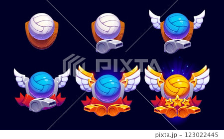 Volleyball game rank badge, level sport medal with balls, whistles, wings and golden accents. Cartoon vector icons adorned with stars and ribbons, symbolize achievement, competition, tournament awards Volleyball game rank badge, level sport medal with balls, whistles, wings and golden accents. Cartoon vector icons adorned with stars and ribbons, symbolize achievement, competition, tournament awards 123022445