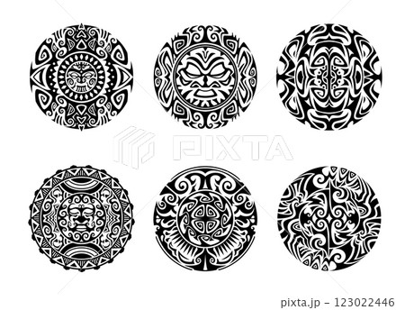 Maori tribal tattoo. Vector set of intricate circular forms, black and white geometric patterns, god faces and abstract mandala motifs inspired by Polynesian and Maori art, cultural decorative art 123022446