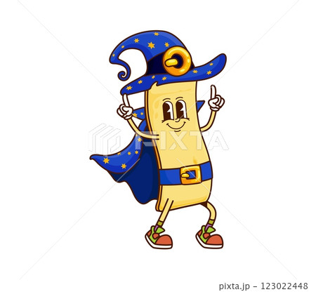 Halloween mage pasta groovy cute character. Magic wizard Italian food noodle funky isolated vector cheerful character. Halloween mage or fairytale sorcerer lasagna pasta groovy cheerful mascot 123022448