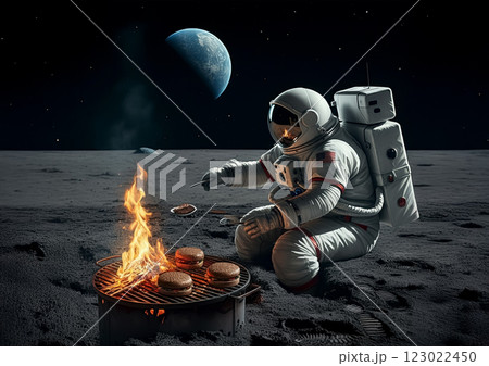 月面でハンバーガーを焼く宇宙飛行士 123022450