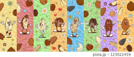 Collage of cartoon groovy nut characters featuring almond, peanut, pistachio and coffee bean, pecan, brazil nut and peanut with macadamia and pumpkin seed each with playful expressions and retro vibe Collage of cartoon groovy nut characters featuring almond, peanut, pistachio and coffee bean, pecan, brazil nut and peanut with macadamia and pumpkin seed each with playful expressions and retro vibe 123022459