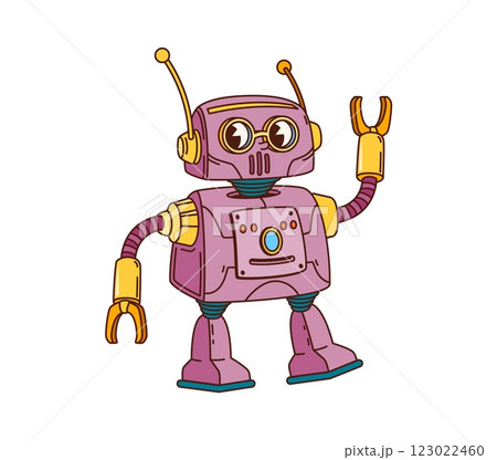 Groovy retro robot cartoon character or transformer droid with funny face, vector comic android. Groovy retro robot with robotic gripper arms, antenna and buttons for kids cute cyborg bot character Groovy retro robot cartoon character or transformer droid with funny face, vector comic android. Groovy retro robot with robotic gripper arms, antenna and buttons for kids cute cyborg bot character 123022460