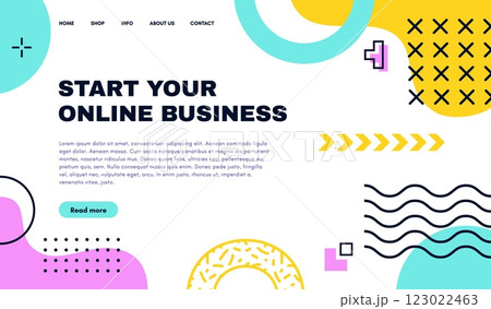 Landing page with abstract Memphis shapes. modern website template with geometric figures. Vector business web banner for user friendly online experience, features official interface with menu bar 123022463