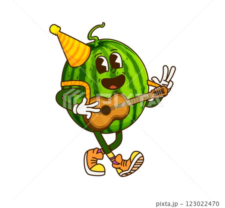 Cartoon groovy watermelon fruit character with party hat, joyfully playing guitar at festive celebration. Isolated vector playful retro personage exudes fun, happiness, and cheerful party atmosphere Cartoon groovy watermelon fruit character with party hat, joyfully playing guitar at festive celebration. Isolated vector playful retro personage exudes fun, happiness, and cheerful party atmosphere 123022470