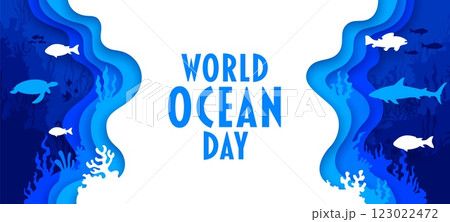 Paper cut World Ocean Day banner with underwater landscape, sea animals and fish vector silhouettes. 3d paper cut water waves, shark, sea turtle and seaweeds. World Ocean Day ecology concept 123022472