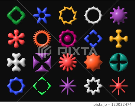 3d y2k brutalism shapes and abstract graphic elements. Liquid geometric figures vector icons of stars, flowers, sun and cross, spark and molecule. Metal, plastic or glass y2k color shapes and figures 123022474