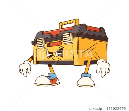 Groovy toolbox cartoon character for construction, repair and DIY tool, vector emoji. Groovy box of tools with grumpy face and cunning smile for carpentry and construction tool cartoon character 123022476