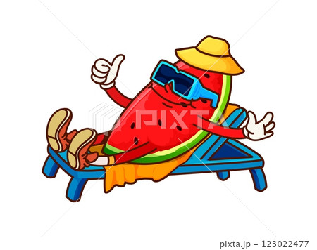 Groovy cartoon watermelon piece cute character in sunglasses lying on beach lounge chair. Ripe watermelon slice vector happy character on summer vacation. Juicy fruit slice groovy personage on beach Groovy cartoon watermelon piece cute character in sunglasses lying on beach lounge chair. Ripe watermelon slice vector happy character on summer vacation. Juicy fruit slice groovy personage on beach 123022477