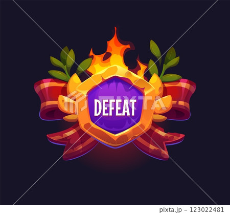 Defeat game icon or badge for fail or level not complete, vector GUI element. Defeat banner with cartoon faded laurel wreath and cracked stone in dirty ribbon for arcade video game popup UI interface 123022481