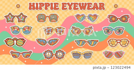 Hippie groovy eyeglasses and sunglasses with cartoon psychedelic rainbow pattern. Vector funky glasses with groovy flower, mushroom, smile and heart emojis. Hippy peace sign, sun and diamond eyewear Hippie groovy eyeglasses and sunglasses with cartoon psychedelic rainbow pattern. Vector funky glasses with groovy flower, mushroom, smile and heart emojis. Hippy peace sign, sun and diamond eyewear 123022494