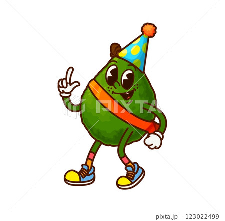 Cartoon groovy Mexican avocado character with a festive birthday cake. Isolated vector cute and cheerful fruit personage sporting a big smile and hat blowing burning candle during joyful celebration Cartoon groovy Mexican avocado character with a festive birthday cake. Isolated vector cute and cheerful fruit personage sporting a big smile and hat blowing burning candle during joyful celebration 123022499