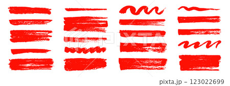 Brush texture red stroke underline highlight. Marker red pen highlight stroke. Vector hand drawn brush underline element set for accent, crayon texture emphasis effect. Chalk vector 123022699