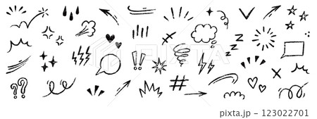 Line movement element hand drawn chalk effect decoration shape. Hand drawn cute doodle line element arrow, emphasis, shock, sparkle. Motion cartoon movement chalk icon. Vector illustration 123022701