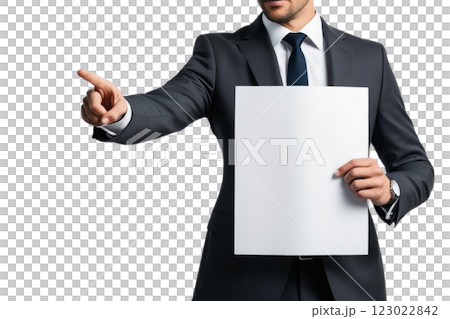 Photo of a businessman wearing grey suit pointing at blank paper  on transparency background PNG  123022842