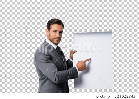Photo of a businessman wearing grey suit pointing at blank paper  on transparency background PNG  123022843