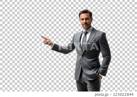 Photo of a businessman wearing grey suit pointing at blank paper  on transparency background PNG  123022844