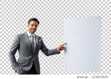 Photo of a businessman wearing grey suit pointing at blank paper  on transparency background PNG  123022845