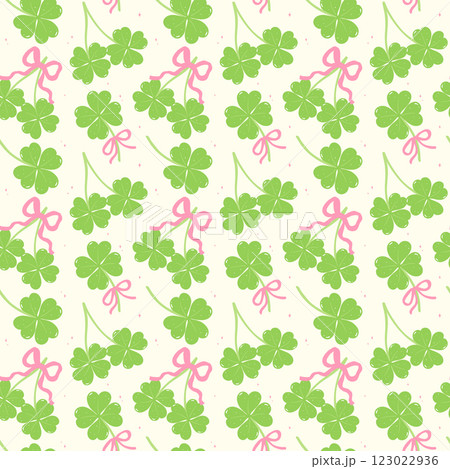 Seamless Pattern Coquette St Patricks Day 4 Leaf Clover with Ribbon Bow Isolated on Background 123022936