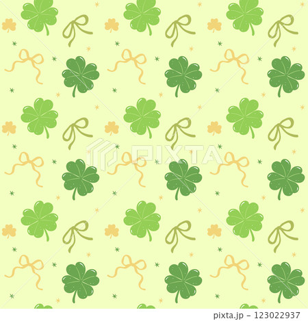 Seamless Pattern Coquette St Patricks Day four Leaf Clover with Bow Retro wallpaper Isolated on Background 123022937
