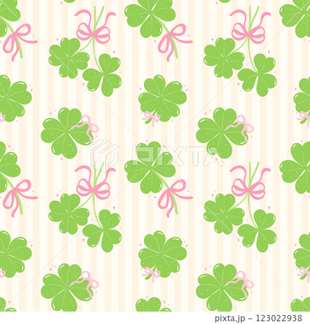 Seamless Pattern Coquette St Patricks Day four Leaf Clover with Ribbon Bow Isolated on Background 123022938