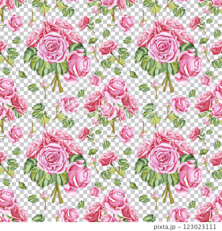 Watercolor roses. Seamless pattern of rose flowers, stems, leaves and buds. The drawing is made in watercolor technique by hand on an isolated background. Illustration for your design Watercolor roses. Seamless pattern of rose flowers, stems, leaves and buds. The drawing is made in watercolor technique by hand on an isolated background. Illustration for your design 123023111