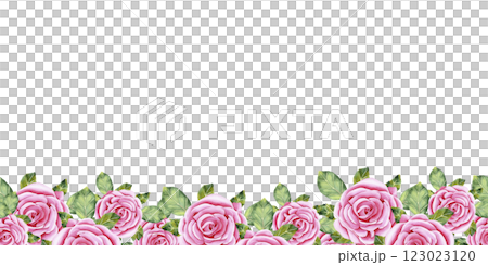 Watercolor roses. Seamless border of rose flowers, stems, leaves and buds. The drawing is done in watercolor technique by hand on an isolated background. Illustration for your design Watercolor roses. Seamless border of rose flowers, stems, leaves and buds. The drawing is done in watercolor technique by hand on an isolated background. Illustration for your design 123023120