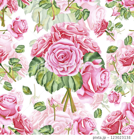 Watercolor roses. Seamless pattern of rose flowers, stems, leaves and buds. The drawing is made in watercolor technique by hand on an isolated background. Illustration for your design 123023138
