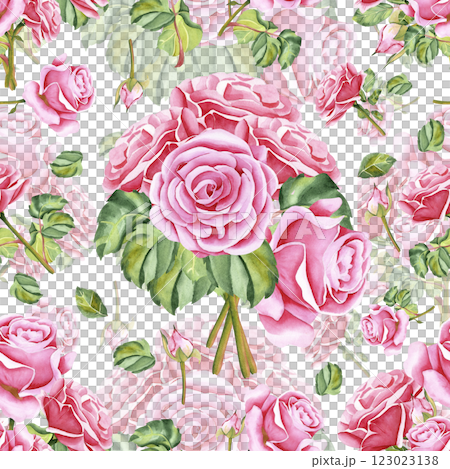 Watercolor roses. Seamless pattern of rose flowers, stems, leaves and buds. The drawing is made in watercolor technique by hand on an isolated background. Illustration for your design Watercolor roses. Seamless pattern of rose flowers, stems, leaves and buds. The drawing is made in watercolor technique by hand on an isolated background. Illustration for your design 123023138