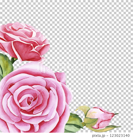 Watercolor roses. Frame of rose flowers, stems, leaves and buds. Hand-drawn watercolor painting on isolated background. Illustration for your design Watercolor roses. Frame of rose flowers, stems, leaves and buds. Hand-drawn watercolor painting on isolated background. Illustration for your design 123023140