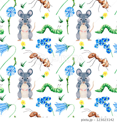 Seamless pattern of mouse, caterpillar and ant character. Plants and flowers pattern. Hand drawn watercolor illustration of animals and insects for your design 123023142