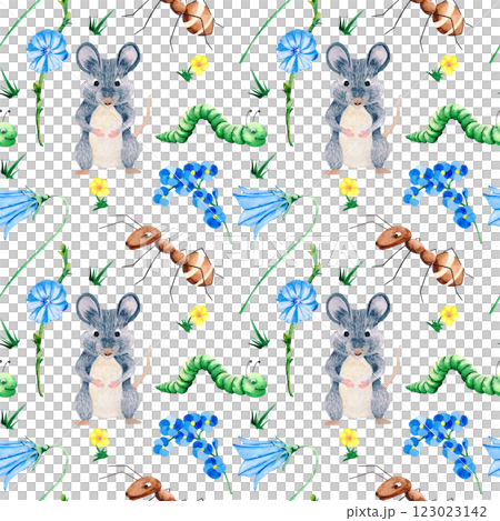 Seamless pattern of mouse, caterpillar and ant character. Plants and flowers pattern. Hand drawn watercolor illustration of animals and insects for your design 123023142
