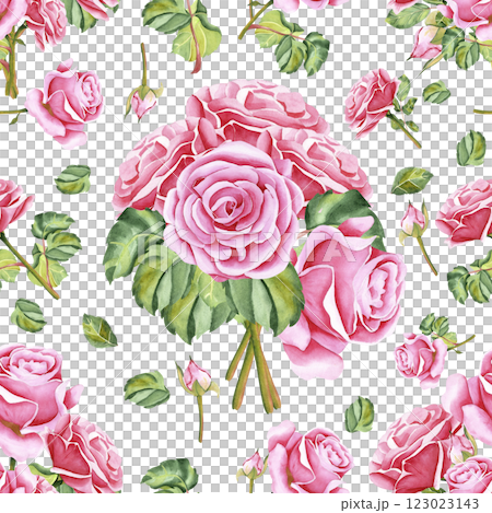 Watercolor roses. Seamless pattern of rose flowers, stems, leaves and buds. The drawing is made in watercolor technique by hand on an isolated background. Illustration for your design Watercolor roses. Seamless pattern of rose flowers, stems, leaves and buds. The drawing is made in watercolor technique by hand on an isolated background. Illustration for your design 123023143