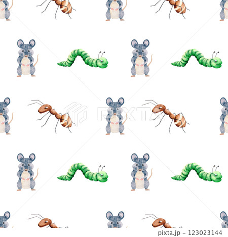 Seamless pattern of mouse, caterpillar and ant character. Hand drawn watercolor illustration of animals and insects for your design Seamless pattern of mouse, caterpillar and ant character. Hand drawn watercolor illustration of animals and insects for your design 123023144
