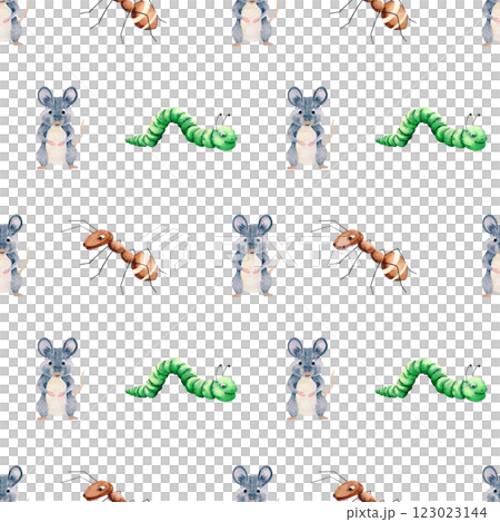 Seamless pattern of mouse, caterpillar and ant character. Hand drawn watercolor illustration of animals and insects for your design Seamless pattern of mouse, caterpillar and ant character. Hand drawn watercolor illustration of animals and insects for your design 123023144