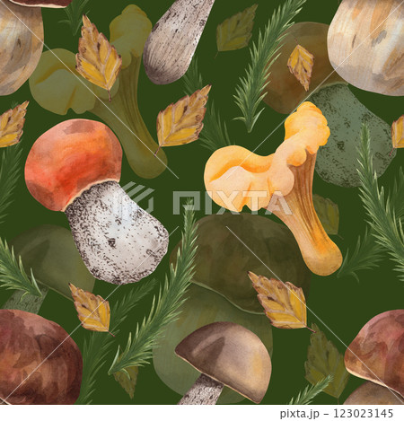 Seamless pattern with porcini mushroom chanterelle, birch bolete, aspen bolete, spruce branch and birch leaf. The illustration is made in watercolor technique on a colored background for your design Seamless pattern with porcini mushroom chanterelle, birch bolete, aspen bolete, spruce branch and birch leaf. The illustration is made in watercolor technique on a colored background for your design 123023145
