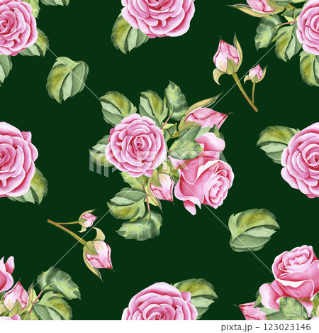 Watercolor roses. Seamless pattern of rose flowers, stems, leaves and buds. The drawing is done in watercolor technique by hand on a colored background. Illustration for your design 123023146