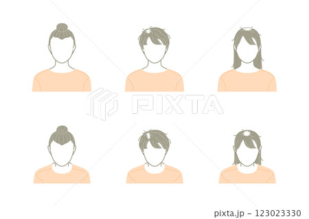 正面から見た薄毛の女性のシンプルな線画アイコンセット 123023330