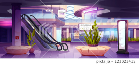 Mall entrance hall with modern escalator Mall entrance hall with modern escalator 123023415