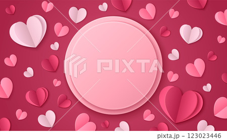 Paper hearts and round frame on red background 123023446
