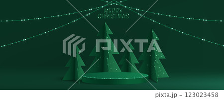 Green Christmas podium with paper cut pine trees Green Christmas podium with paper cut pine trees 123023458