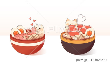 Cute cats enjoying ramen bowls illustration Cute cats enjoying ramen bowls illustration 123023467