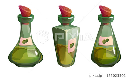Oil bottle collection with olive contents Oil bottle collection with olive contents 123023501