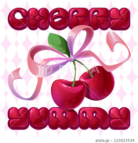 Cherry Yummy text with red berries and ribbon bow. 123023534
