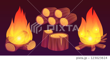 Firewood piles and fire set 123023614