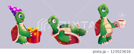 Cute cartoon turtle set in different poses 123023616
