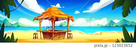 Beach bar on sandy coast 123023652