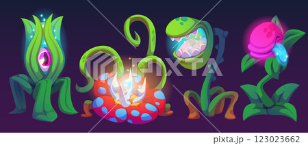 Glowing magical plant monsters in dark environment 123023662