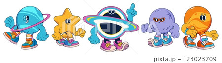Groovy universe cartoon mascots set in sneakers Groovy universe cartoon mascots set in sneakers 123023709