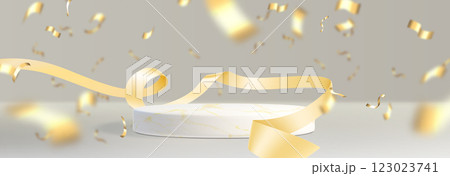 3D marble podium with golden ribbon and confetti 123023741