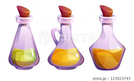 Oil bottle set with colorful liquid substances 123023743